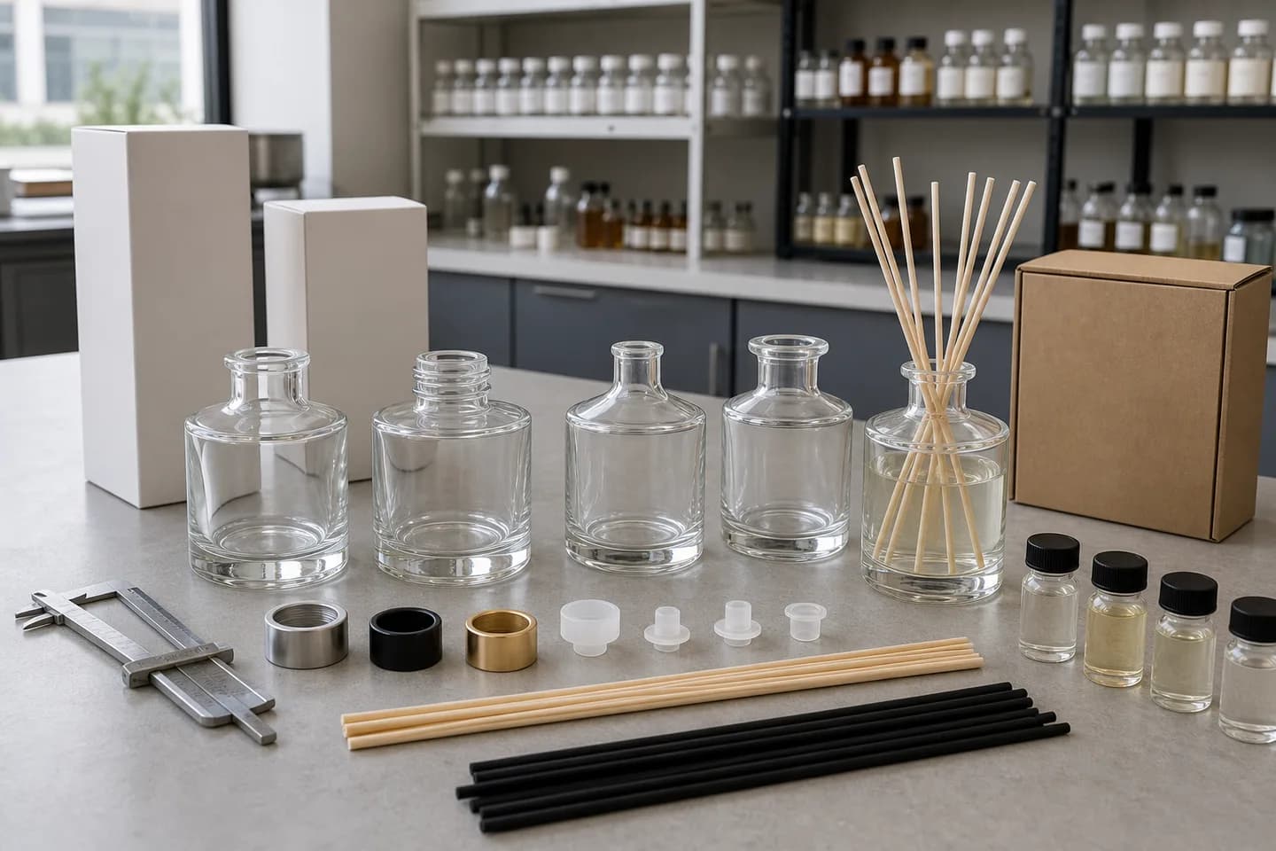 Reed diffuser bottle, closure and reed samples arranged for comparison