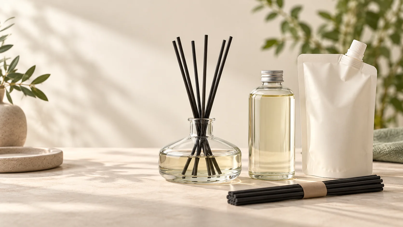 Reed diffuser, refill containers and black reeds arranged on a light tabletop