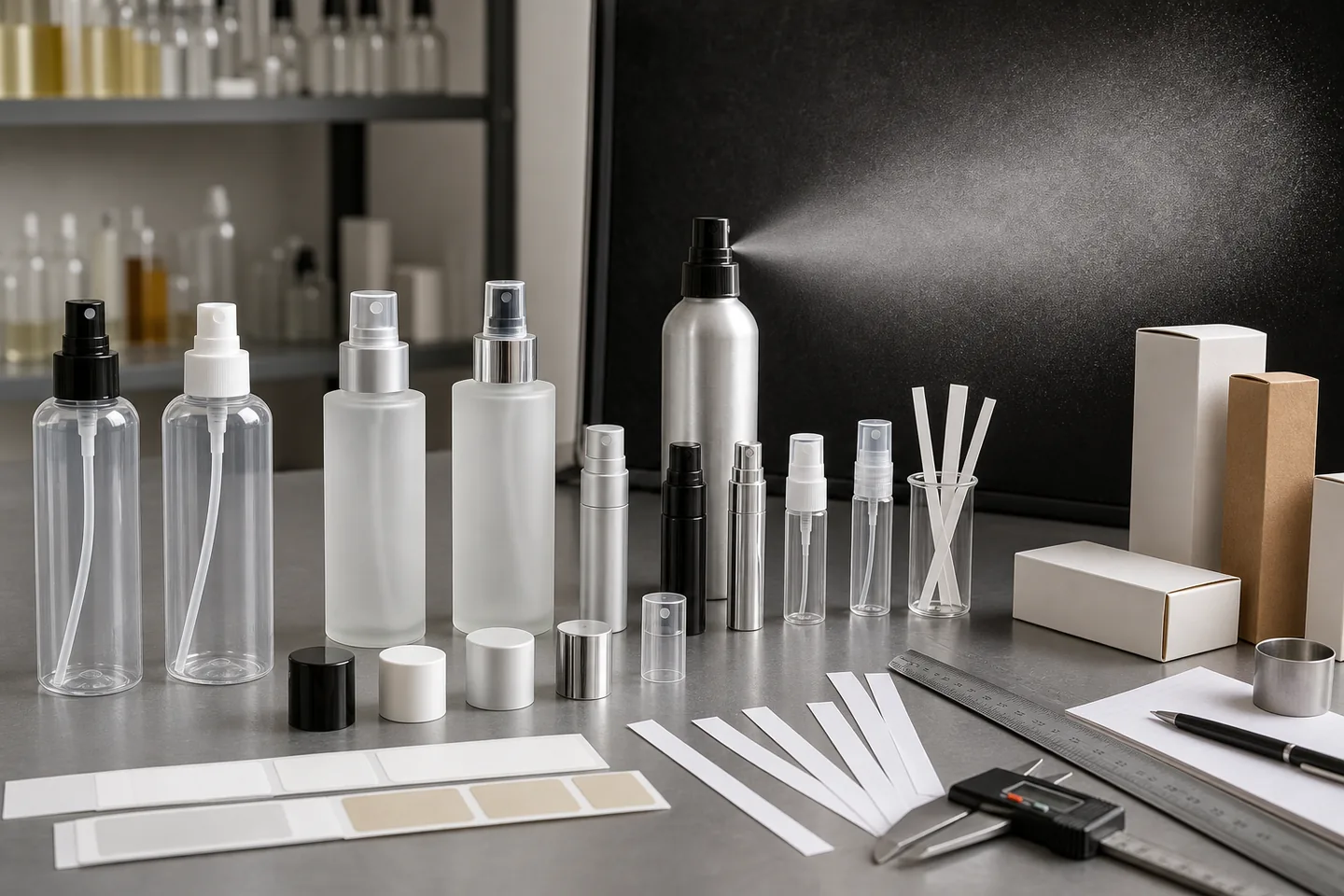 private label body mist packaging and fine mist spray pattern test with bottles pumps caps and cartons
