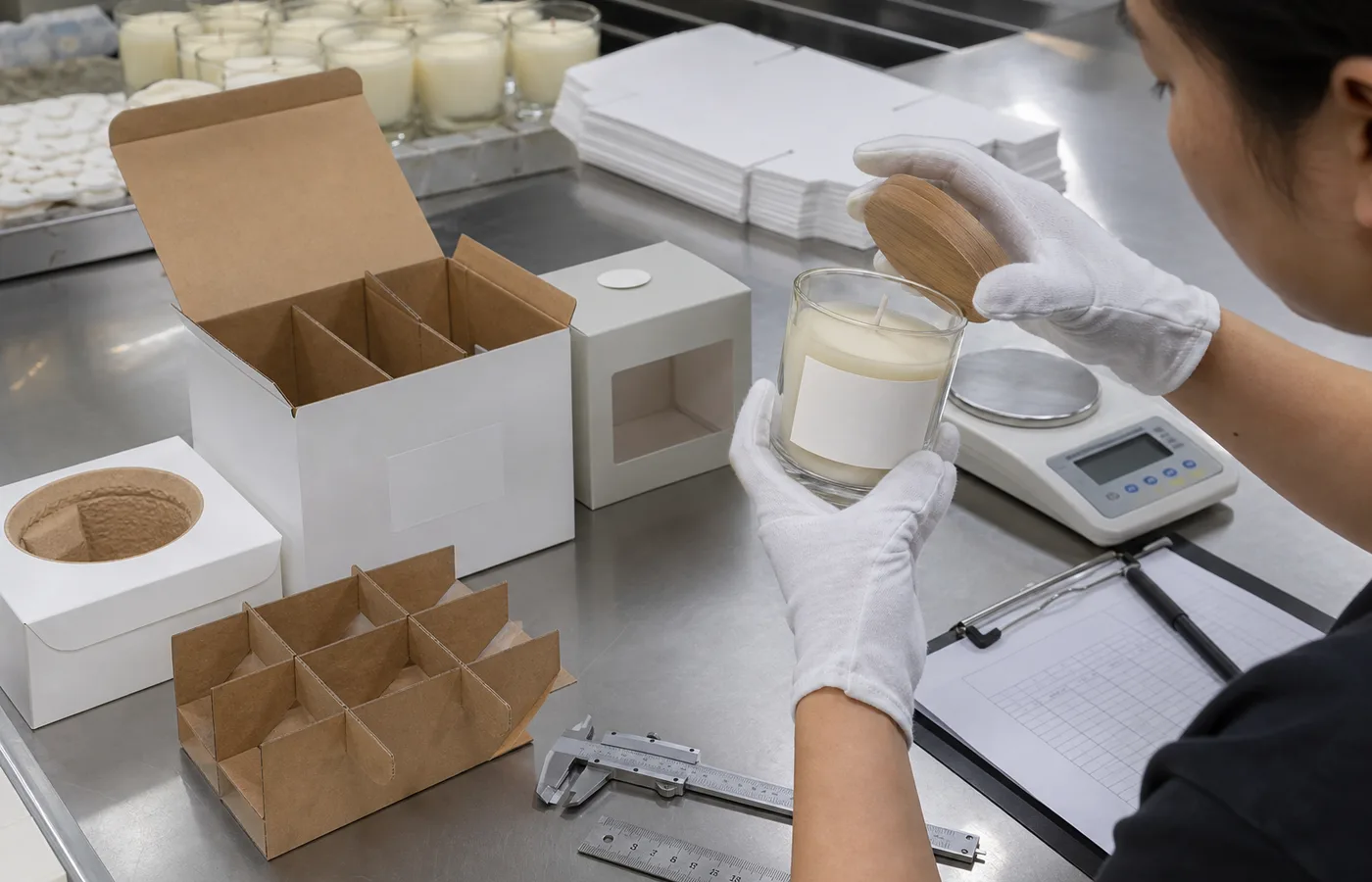 candle packaging components quality control with glass jar lid label gift box insert and carton divider