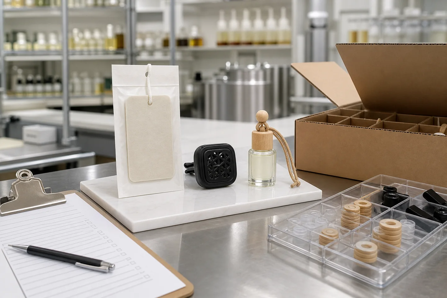 car air freshener OEM quality control bench with sealed paper card vent clip liquid diffuser and shipping carton divider