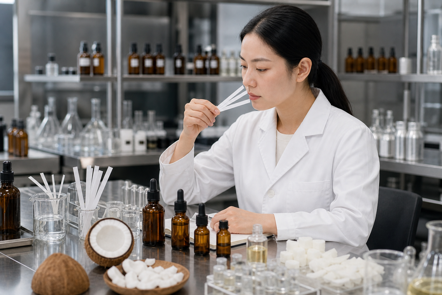 Chinese fragrance technician testing coconut fragrance formulation in a lab