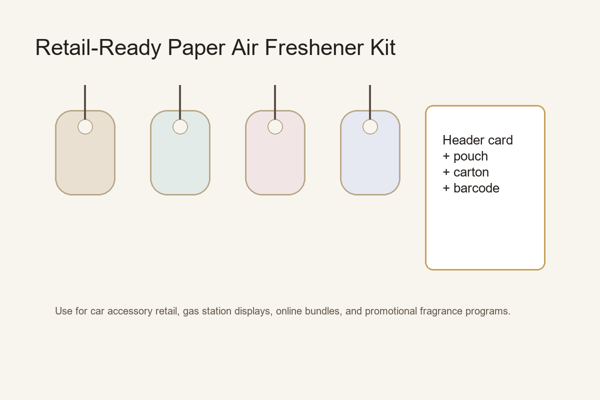 custom paper air freshener manufacturer retail packaging kit with header card pouch and carton