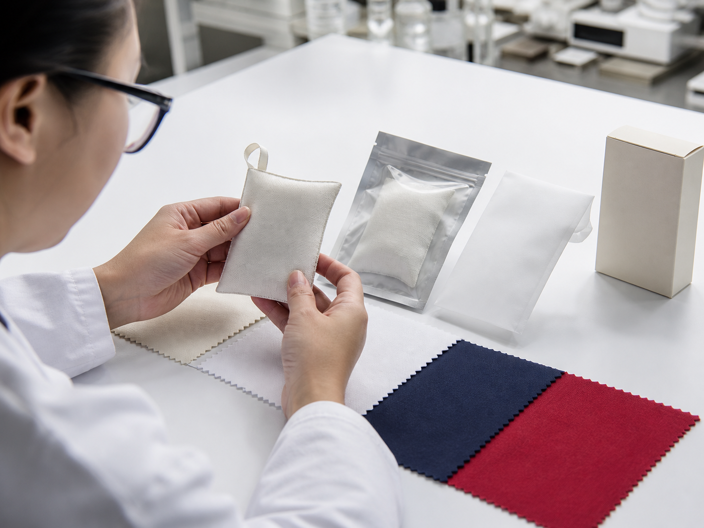 fabric freshener compatibility and packaging test with a linen sachet, textile swatches and sealed barrier pouch