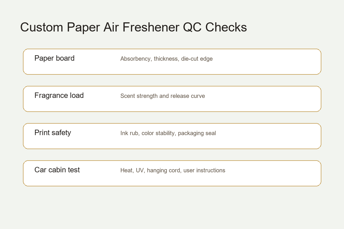 custom paper air freshener manufacturer quality control checks for paper scent print and car cabin testing