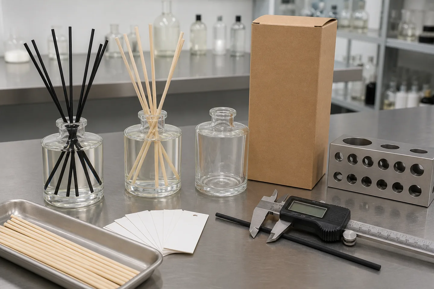 reed diffuser stick sample quality control with bottle neck gauge fiber sticks rattan reeds and private label carton