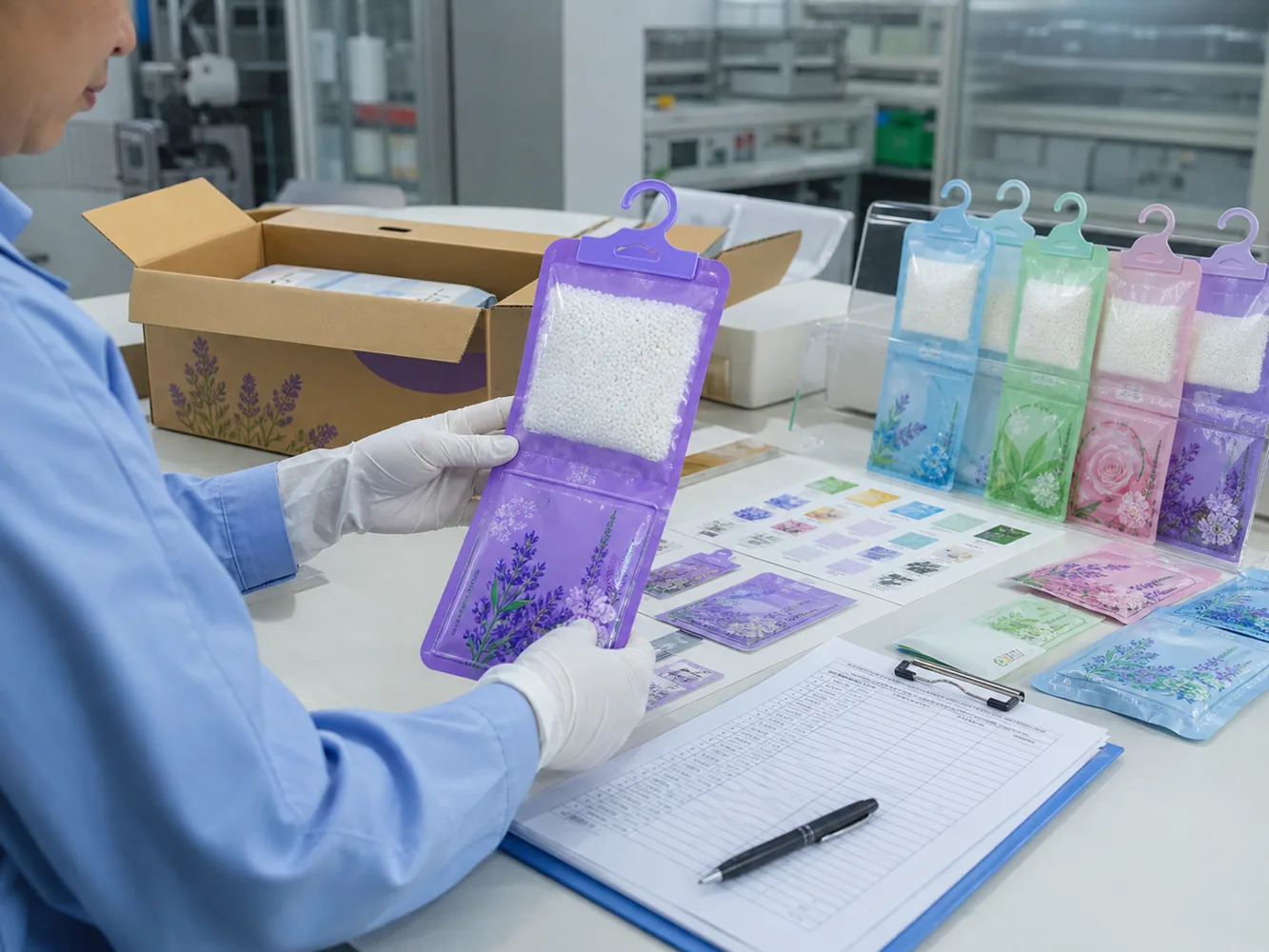 scented moisture absorber private label sample quality check with hanging bags labels and carton packaging