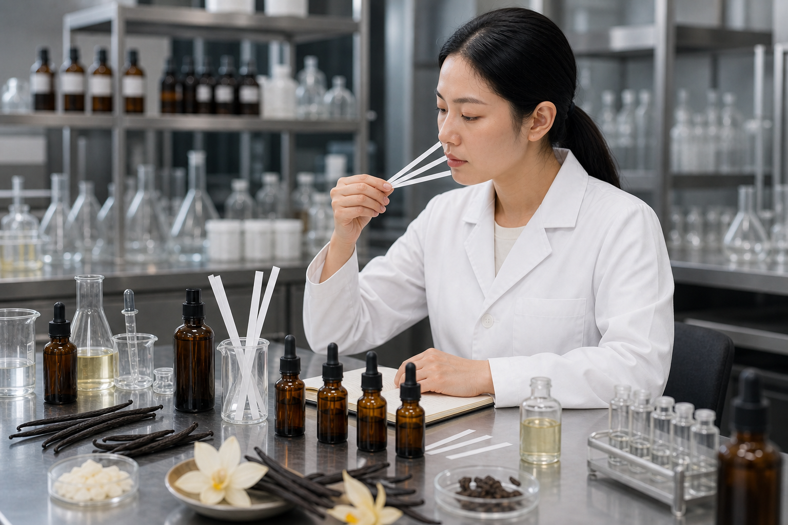 Chinese fragrance technician testing vanilla perfume formulation in a lab